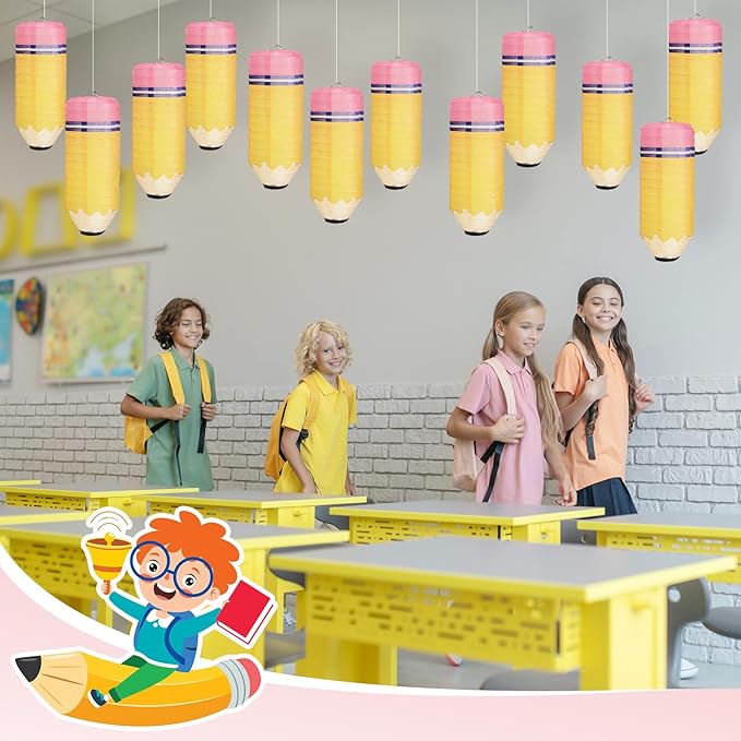 Retisee 12 Pcs Back to School Classroom Decoration Pencil Hanging Paper Lanterns Kindergarten Preschool Art Classroom Ceiling Decor, First Day of School Birthday Supplies