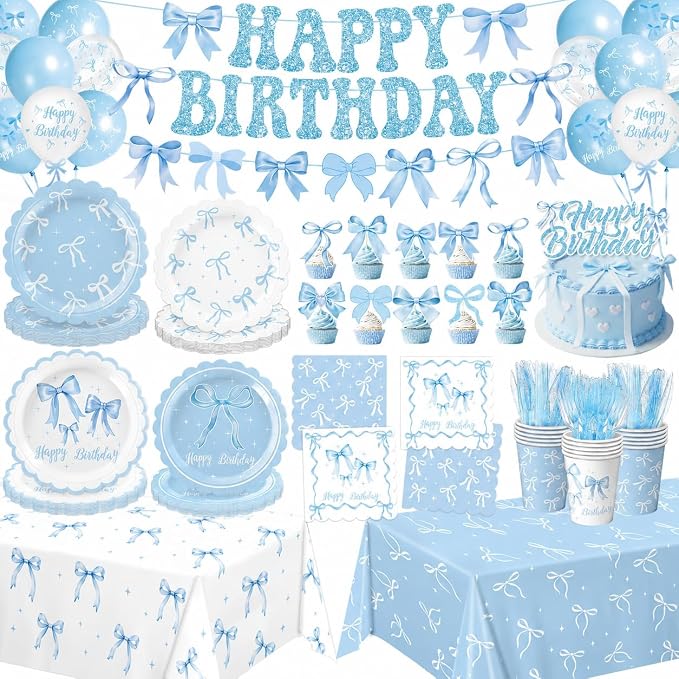 Blue Bow Birthday Decorations Set Includes Plates, Napkins, Cups, Cutlery, Banner, Hanging Swirls, Cake & Cupcake Toppers, Honeycomb Centerpieces, Balloons, Tablecloths for Coquette Party Decorations