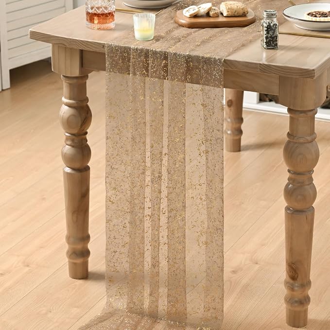 Artoid Mode 3PCCoffee Gold Gauze Table Runner 120 Inch 10FT, Glitter Metallic Foil Sheer Dining Wedding Anniversary Holiday Birthday Table Decor for Home Party