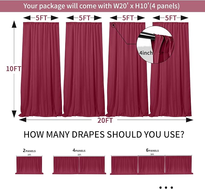 GALLETY 20 FT x 10 FT Red Backdrop Curtain - Polyester Backdrop Curtain Panels with 4 Inch Rod Pockets - Wedding Ceremony Party Home Window Decoration
