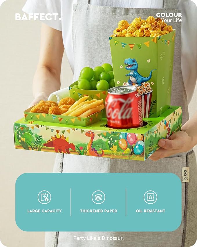 Baffect Movie Night Snack Trays 120pcs, Include 20 Dinosaur Party Snack Trays, 20 Popcorn Boxes, 20 Salad Bowls, 20 Nacho Bowls, 20 Invitations & 20 Party Favors (Green)