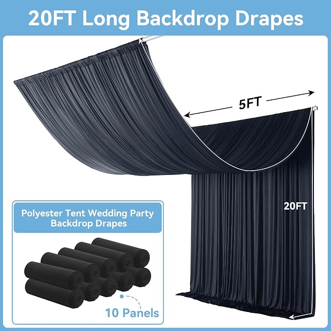 Outpain 50ftx20ft Black Backdrop Ceiling Drapes,10Panels 20ft Height Wrinkle Free Tent Draping Curtains, Fabric Drapery Ceiling Drapes for Wedding Ceremony Birthday Theme Parties with Rod Pocket