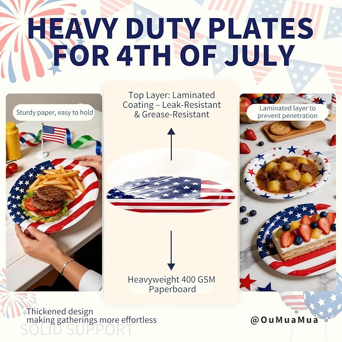 Patriotic Party Decoration Plates Set, 100Pcs 4th of July American Flag Red White Blue Disposable Paper Plates and Napkins Heavy Duty for Independence Day, Veterans Day, Election Day Party Supplies
