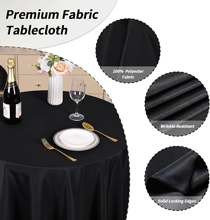 Fixwal 120 Inch Black Round Tablecloth, 6 Pack Round Table Cloth Polyester Fabric Washable Table Covers for New Year Decorations, Party, Banquet, Dining, Birthday Events