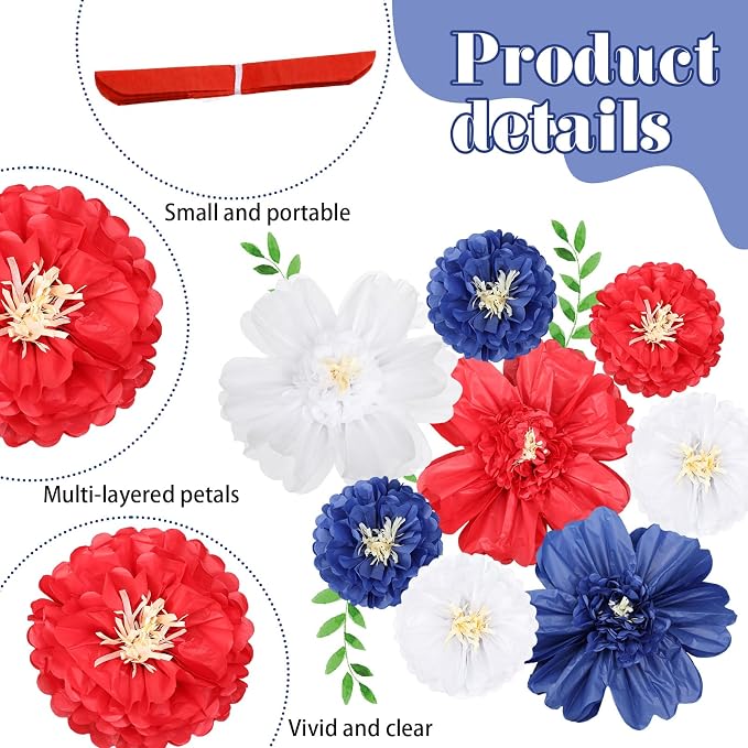 Crowye 12 Pcs Large Colorful Tissue Paper Flowers Decorations Giant Fiesta Craft Crepe Paper Flowers for Wall Decor Backdrop Mexican Wedding Birthday Carnival Party (10'' 20'',Patriotic Color)
