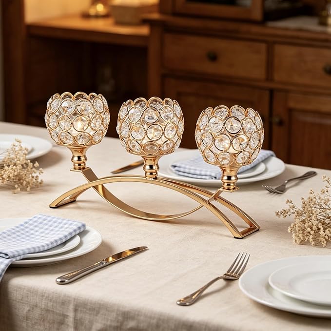 4Set Gold Crystal Candle Holders Decorative Candelabra for Wedding Centerpiece,Metal 3 Arms Candlesticks Holder Stand for Dining Table Living Room Home Decor, Party, Anniversary,Halloween,Christmas