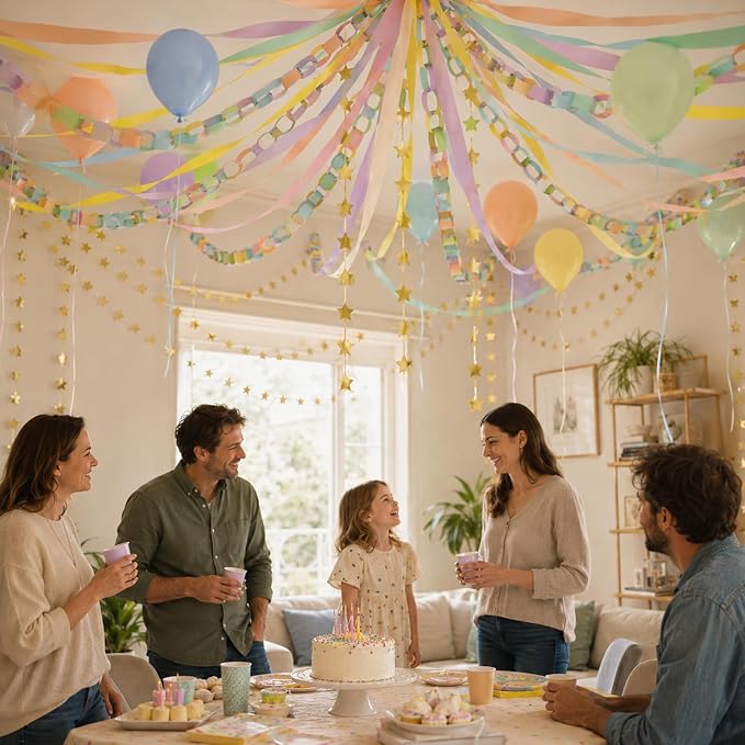 succulentlovers 360 Sheets Colorful Paper Chains Strips, 52 ft Gold Star Garland with 492 ft Crepe Streamer, Fancy Birthday Party Decorations Include Balloon Fringe Curtain for DIY Hanging Decor