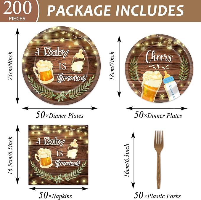 50 Guests A Baby is Brewing Baby Shower Plates and Napkins Party Supplies Baby is Brewing Party Decorations Disposable Tableware Set Brew Dinnerware Favors Decorations for Kids Boys Girls, 200PCS
