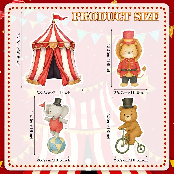 Honoson 4 Pcs Large 30" Circus Animal Cardboard Cutouts, Carnival Theme Party Yard Signs Decoration Backdrop for Circus Theme Party Supplies Birthday Baby Shower Lawn Decor