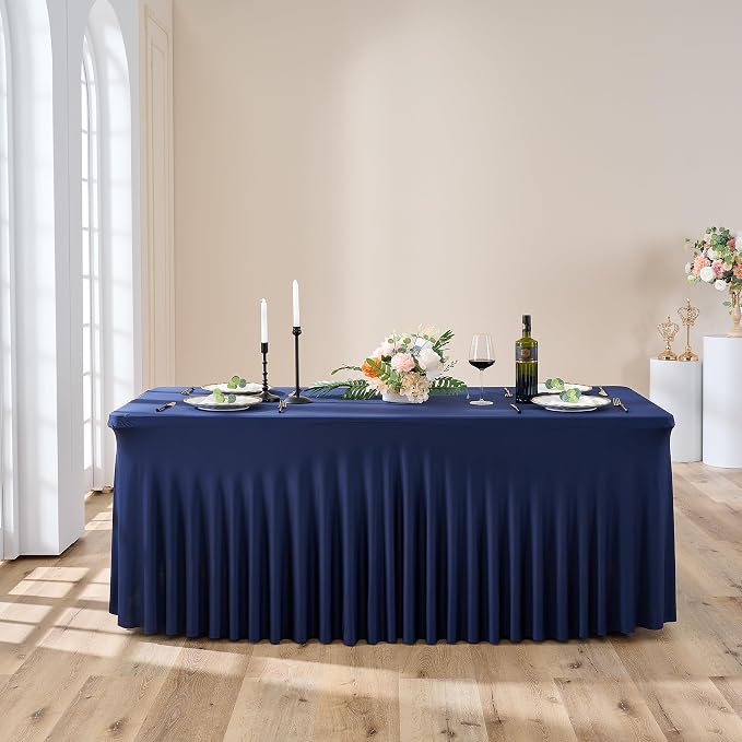 Outpain 8ft Spandex Table Cloth for Standard Folding Tables-4Pack Navy Blue Table Cloth Table Protector for Party, Wedding, Cocktail, Banquet, Festival