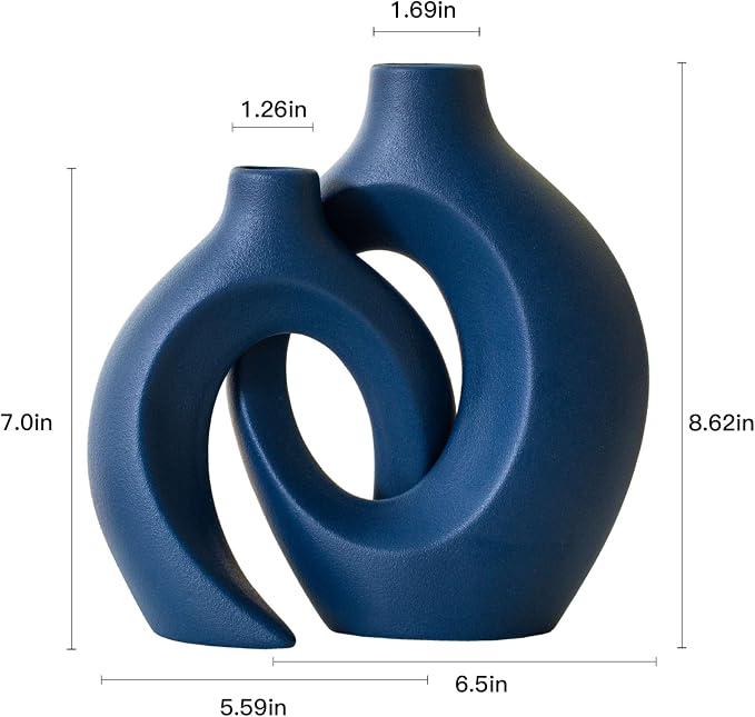Lvases Snuggle Hollow Ceramic Flower Vase Set 2, 8.4" H Matte Navy Blue | Nordic Boho Home Decor Modern Aesthetic Ins Style Living Room Coffee Table Centerpieces Pampas Grass Decorative Display
