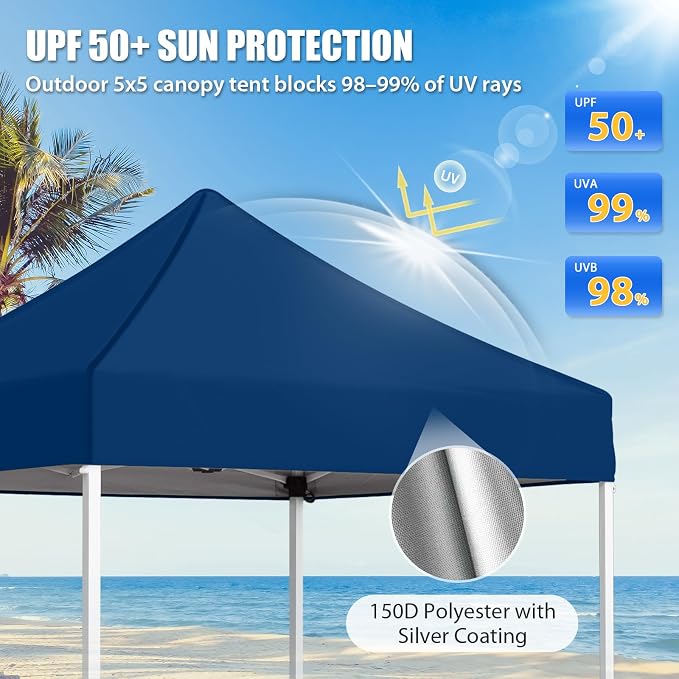 EAGLE PEAK 5x5 Pop Up Canopy Tent Instant Outdoor Canopy Easy Set-up Straight Leg Folding Shelter, Dark Blue