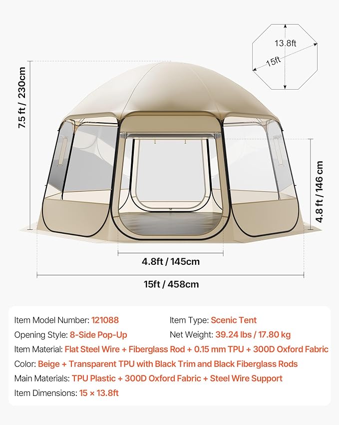 VEVOR Pop up Sports Tent, 8 Sizes Optional Clear Bubble Tent for 1-6 Person, Waterproof Outdoor Pod with Floor Mat & Top Cover, Garden Igloo Dome Tents Camping Shelter for Sports Watching