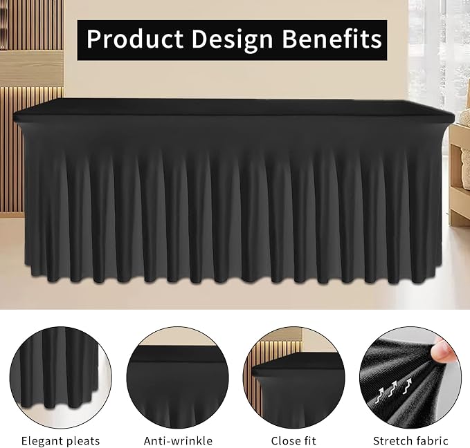 Black Table Skirt, Wrinkle-Free Spandex Table Covers 6ft, Elastic Fitted Washable Tablecloth for Rectangle Tables for Wedding, Banquet, Party, Events
