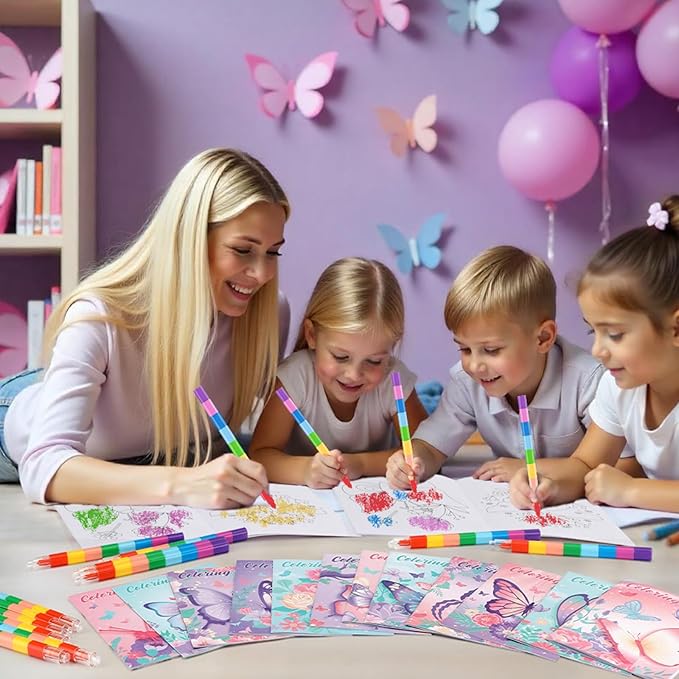 BenLouis 24 Butterfly Mini Coloring Books Kids with 24 Stacking Crayons Butterfly Theme Party Favors Activity Books Bulk for Kids Spring Fairy Birthday Goodie Bag Gift Stuffer Classroom Reward