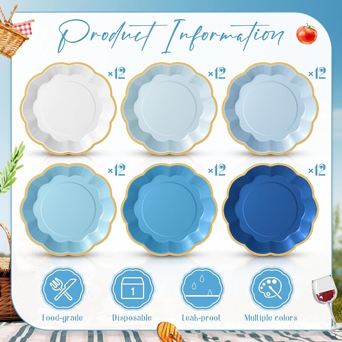 72 Pcs Blue Paper Plates 9 Inch Gradient Blue Scalloped Paper Disposable Dinner Dessert Plates for Birthday Wedding Bridal Party Supplies, 6 Colors