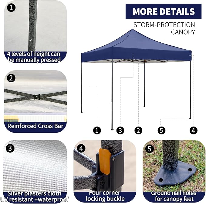 10x10 Heavy Duty Canopy Pop Up Commercial Canopy Tent, Vendor Tent with 400D Oxford Fabric for Camping Outdoor Events Parties Weddings, UPF 50+ Waterproof (Navy Blue)