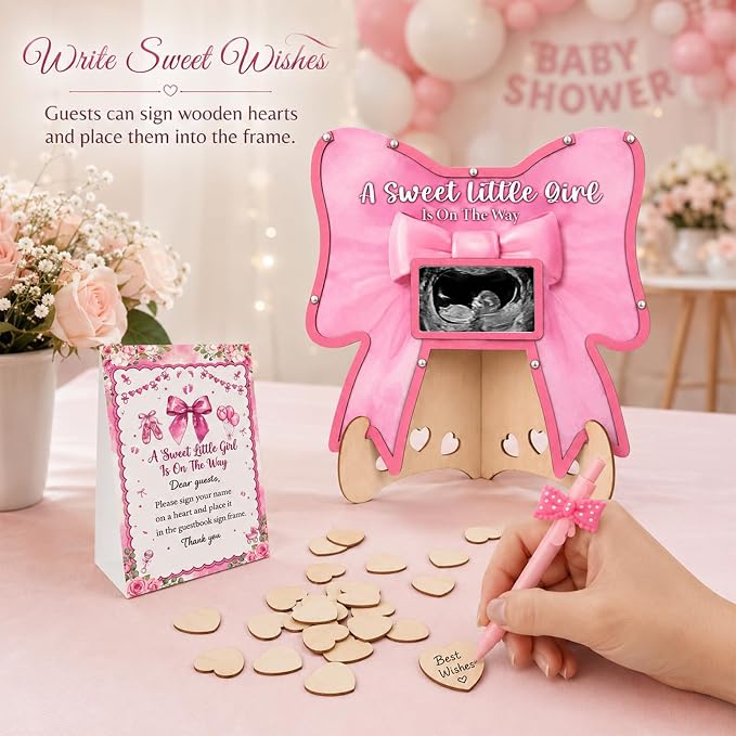 Pink Bow Baby Shower Decorations,A Sweet Baby Girl Is On The Way BabyShower Guest Book Alternatives with Pen,Photo Frame and 60 Heart Wood Slices for 60 Guests