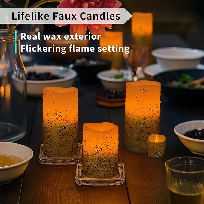 FURORA LIGHTING Gold Glitter LED Candles, 8-Pack Set with Remote & Timer | Includes 4 pillars and 4 votives. Delivers an opulent, dazzling golden glow for grand parties and centerpieces.