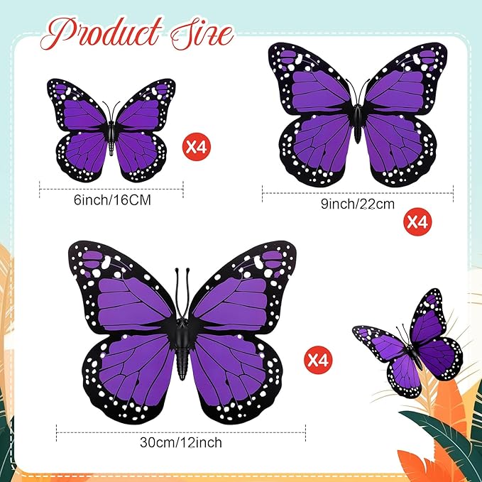 Chuangdi 12 Pcs Large Purple Monarch Butterfly Decorations 3 Size 12inch, 9inch, 6inch Fake Butterflies Realistic Butterfly Craft Artificial Mariposas Wall Decor for Craft Wedding Home Birthday Party