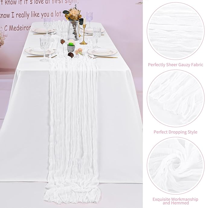 8 Pack White Cheesecloth Table Runner 120 Inch 10FT Boho Rustic Sheer Gauze Cheese Cloth Table Runner for Wedding Baby Shower Birthday Party Table Decor