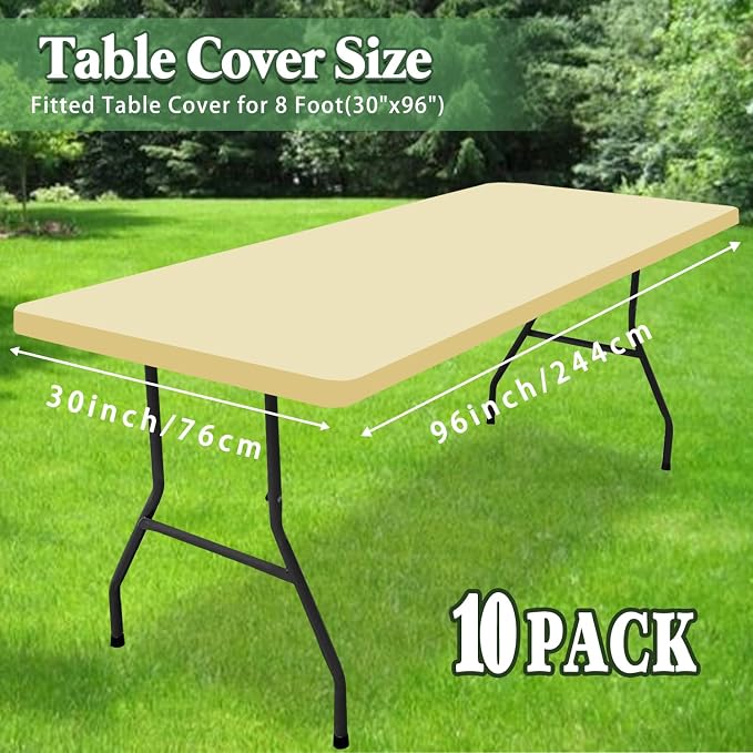 8 Foot Picnic Table Cover Fitted 10 Pack Elastic Outdoor Tablecloths for Rectangle Tables Waterproof Stretch Washable Patio Folding Spandex Table Cloth Camping Banquet Parties (Champagne,30" x 96")