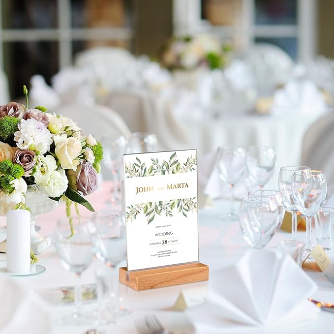 Vinsot 24 Pack 5 x 7 Inch Clear Acrylic Sign with Wood Base T Shape Sign Holder Vertical Blank Stands Desktop Display Plastic Menu Frame Double Sided Stand for Wedding Restaurant Party Decor