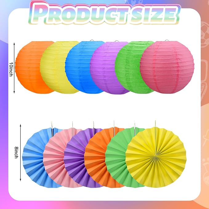 Flutesan 12 Pcs Illumination Neon Decorations for VBS Classroom Hanging Decor Neon Paper Lanterns and Paper Fans for Back to School Party Classroom Office Ceilings Decor Supplies