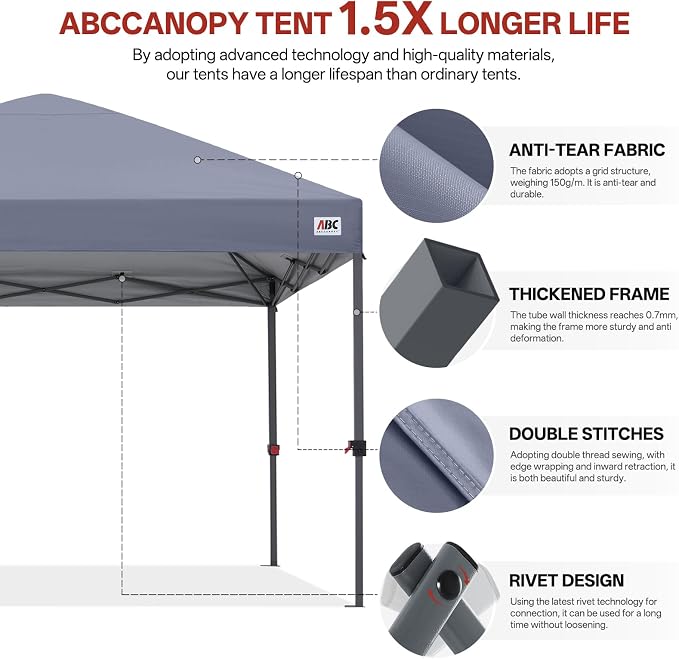 ABCCANOPY 8x8 Pop Up Canopy Tent, Easy Setup Instant Shelter with Wheeled Bag, Heavy Duty Outdoor Canopy for Beach, Market, Backyard, UV Protection, Outdoor Weather Protection (Light Gray, 8x8)