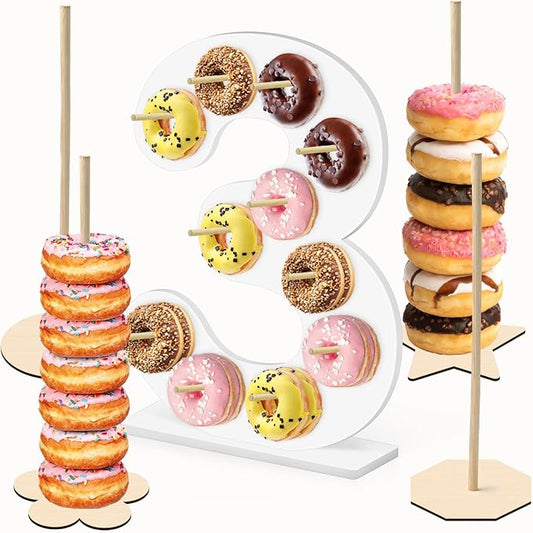 5 Pcs Donut Stand Set, Doughnut Party Supplies Include 1 Pc Digit Donut Wall Display Stand, 4 Pcs Doughnut Wall, for Birthday Wedding Party (White number 3)