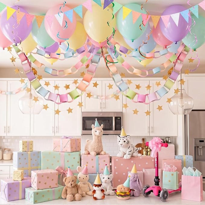 TaoBary Birthday Party Decor Kit 600 Sheet Paper Chain Garland Strips 656ft Crepe Paper 52ft Star Garland 52ft Felt Pennant Flag Pastel Ceiling Swirls 50 Balloons for DIY Birthday Wedding Party
