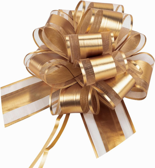12 PCS 6 Inch Large Pull Organza Golden Bows - Perfect for Gift Wrapping, Wedding Decor, Car Bows, Birthday Parties, Christmas and Valentine's Day
