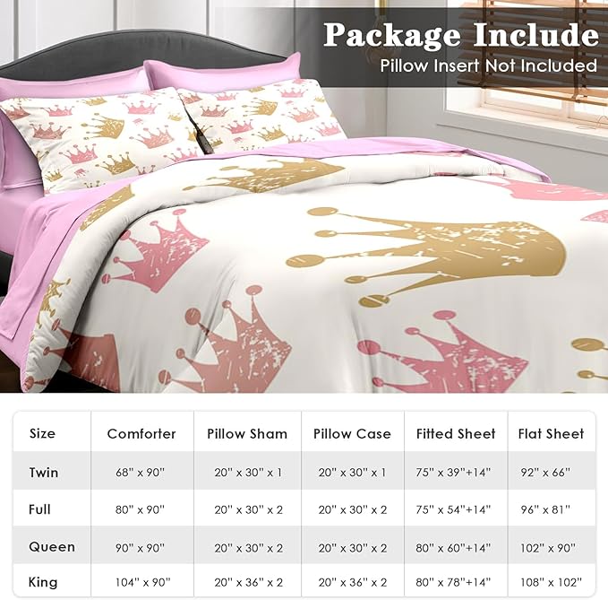 Pamnest Comforter Set Full Size, Cute Kids Crown 7 Pcs Bedding for Kids and Adults, Pink Princess Girls Bed Sheet Sets with Fitted Sheet 2 Pillowcase & 2 Sham for Bedroom Bed Decor