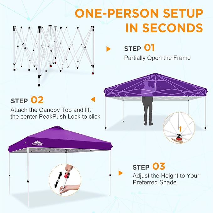 EAGLE PEAK Pop Up Canopy Tent with Wheeled Carry Bag, 8 Stakes, 4 Ropes, 4 Weight Bags, Easy Set Up Tent Canopy, 12x12 ft, 144sqft of Shade, Purple