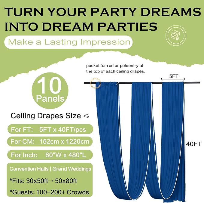 50ftx40ft Royal Blue Ceiling Curtain for Wedding Parties – 10 Panels Wrinkle-Free 40 FT Long Tent Draping Curtains for Wedding, Birthday & Theme Parties, 40ft Height with Rod Pocket