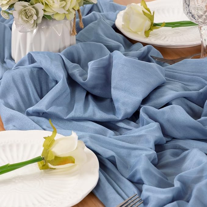 LINXTAR Dusty Blue Cheesecloth Table Runner 160 Inches 14Ft Gauze Summer Boho Table Runner for Wedding Tea Party Baby Shower Bridal Birthday Home Decoration