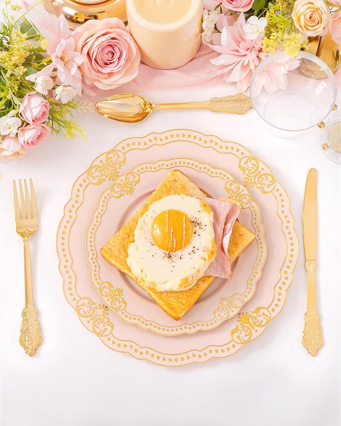 Ciaell 350 PCS Pink Plastic Plates - Pink and Gold Disposable Plates Include 50 Disposable Plate, 150 Heavy Duty Silverware, 50 Cups, 50 Napkins for Wedding & Party & Anniversary & Mother's Day