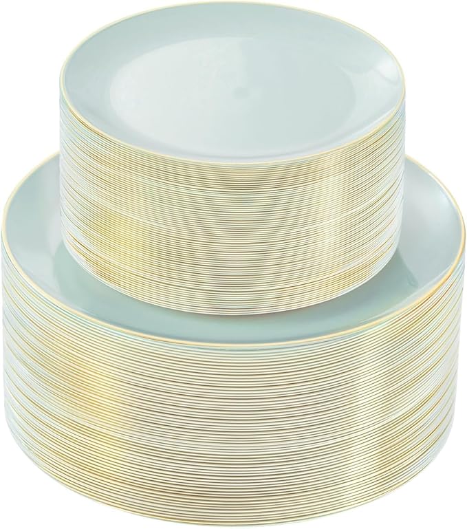 bUCLA 100PCS Green Plastic Plates - Sage Green Disposable with Gold Rim - Include 50 Pieces 10 inch Dinner & 50 Pieces 7 inch Dessert Plates, Ideal for Party, Daily Use & Spring