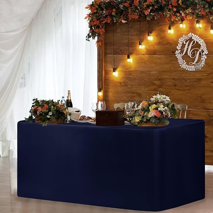 HolidayIdeas Fitted Navy Table Covers - 96 x 30 Inch - 2 Pack Rectangle Tablecloths for 8 Foot Tables, Polyester Fabric Tablecloth for Parties, Holiday Dinner, Wedding, Trade Show
