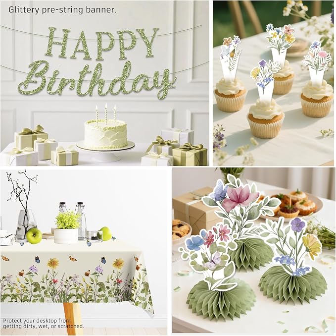 Wildflower Party Decorations for Girl, Flower Birthday Party Supplies Set with Banner, Plates, Cups, Napkins, Balloons, Tablecloth & Cake Toppers Serves 25