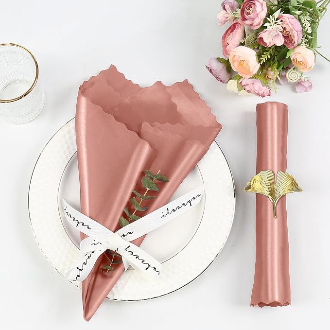 Homiest Rose Gold Satin Napkins - 100 Pack, 17x17 Inches, Scalloped Square, Elegant Wedding & Party Napkins
