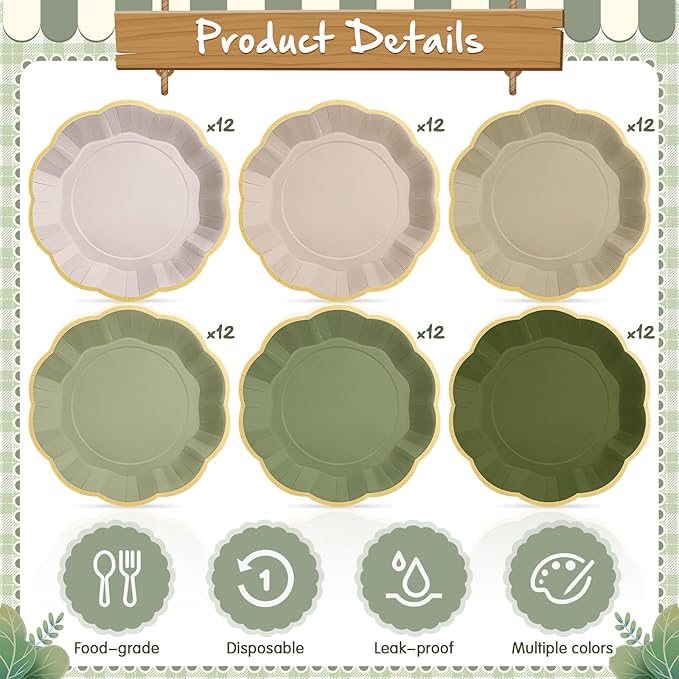 72 Pcs Sage Green Color Paper Plates 9 Inch Green Gradient Scalloped Paper Disposable Dinner Dessert Plates for Birthday Wedding Bridal Party Supplies, 6 Colors