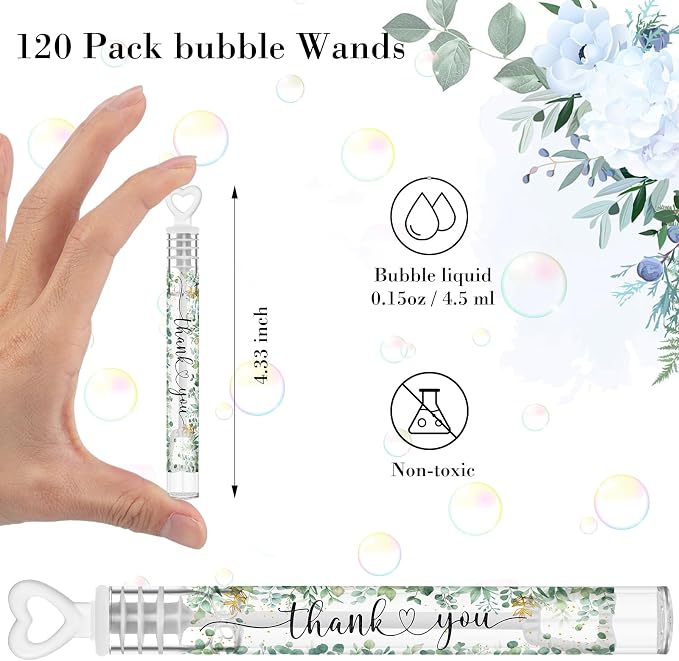 Hollowfly 120 Pack Green Eucalyptus Wedding Mini Bubble Wands for a Wedding Bulk White Heart Bubble for Guests Send off Wand Adult Bridal Exit Shower Party Supplies Valentine Anniversaries Celebration