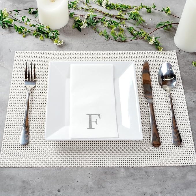 Luxenap 15.8 X 7.9 Inch Linen-Feel Guest Towels, 2000 Lettered Hand Towels - Silver Letter 'F', Sans Serif Font, White Paper Dinner Napkins, airlaid, For Restrooms And Tables - Restaurantware