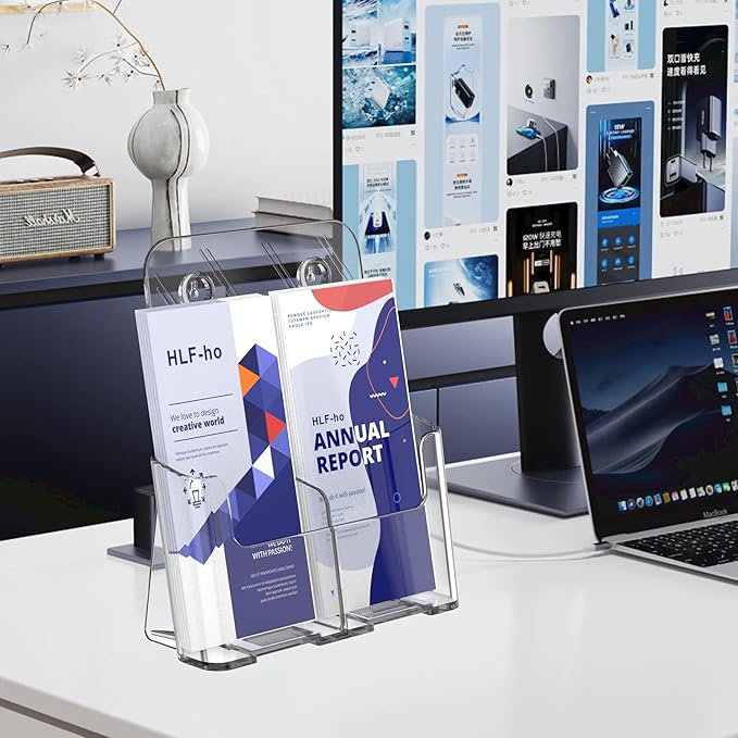 Brochure Holder 8.5x11 Inch Acrylic Literature Holders with Removable Divider for 4x9 inch Clear Pamphlet Display Stand Countertop Use or Wall Mount for Office, Lobby, Hotel, Trade Show, 4 Pack