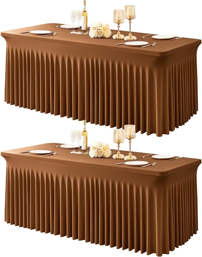 2 Packs Brown Spandex Tableclothes for 4 Foot Rectangle Tables, Wrinkle Free 4ft Fitted Table Cover Stretch Table Cloth Desk Skirt for Weddings Baby Shower Birthday Party Banquet Decorations