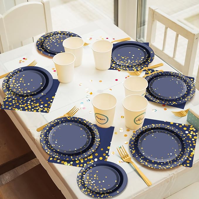 gisgfim 50 Guests Blue and Gold Party Supplies Decorations Tableware Set Blue and Gold Paper Plates Napkins Disposable Plates Graduation Tableware for Men Women Happy Birthday Party Decorations 200PCS