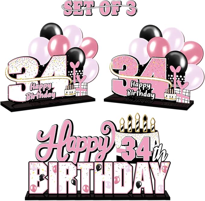 LINGTEER Happy 34th Birthday Pink Acrylic Table Topper Centerpieces Set - Cheers to 34 Years Old Birthday 34th Bday Party Gift Decorations.