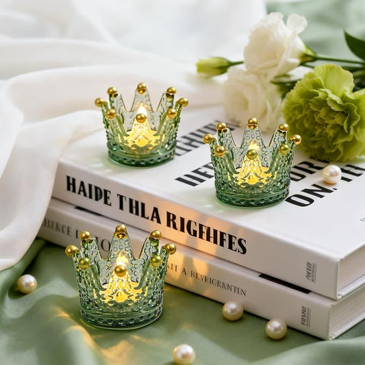 Rubtlamp 6 Pack Green Gold Crown Candle Holders, Glass Votive Candle Holders, Vintage Tealight Candle Holders for Table Centerpieces, Wedding, Bridal Shower, Birthday