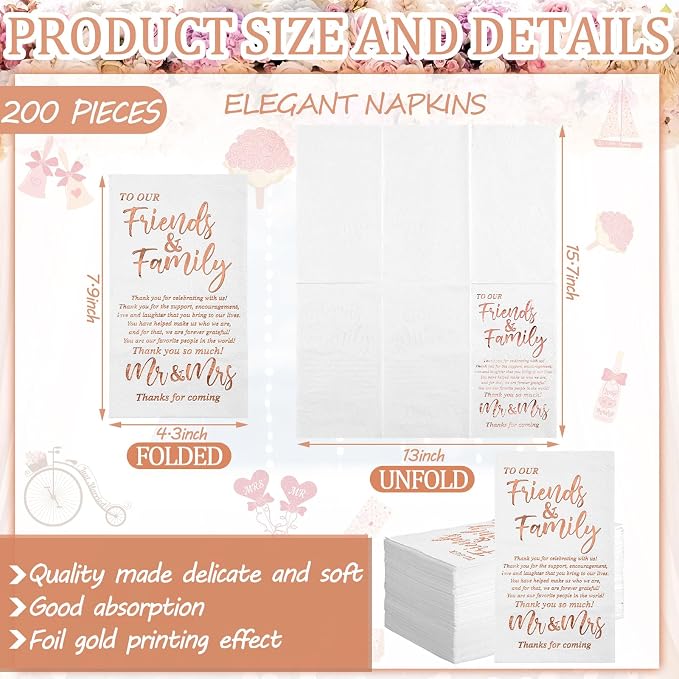 200 Pcs Wedding Napkins Mr & Mrs Dinner Napkins for Reception Disposable Decorative Towels for Wedding Shower Banquet Rehearsal Dinner Decor (Rose Gold)
